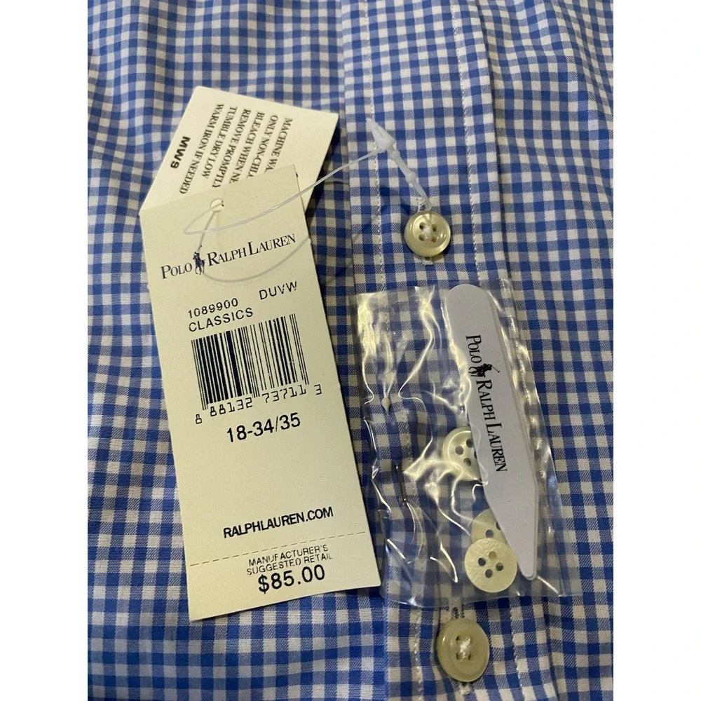 NWT Polo Ralph‎ Lauren Custom Fit Blue Dress Shirt Check Men's 18 34/35 New! $85